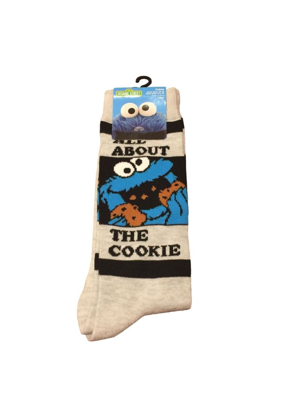 Sesame Street All About the Cookie Men's Crew Socks Size 10-13 Light Gray